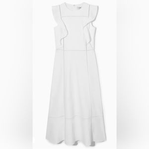 COPY - FRILLED CAP SLEEVE LINEN-BLEND WHITE MIDI DRESS